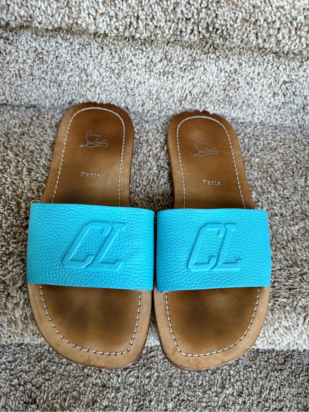 Christian Louboutin Men’s Turquoise Leather Slide Sandals